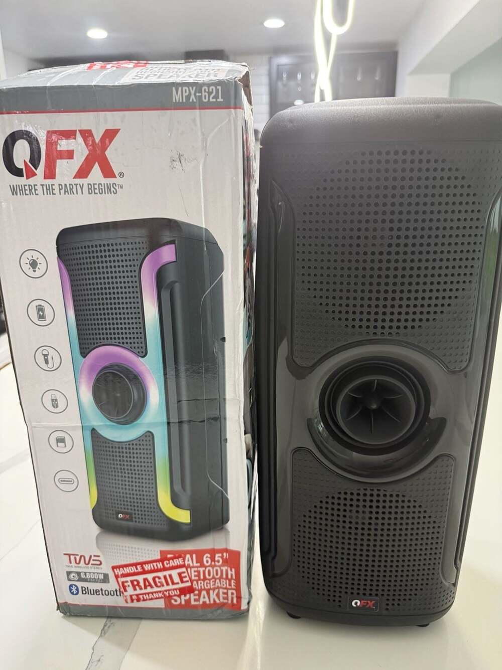 QFX MPX-621 Dual 6.5in Portable Speaker Bluetooth Rechargeable LED TWS